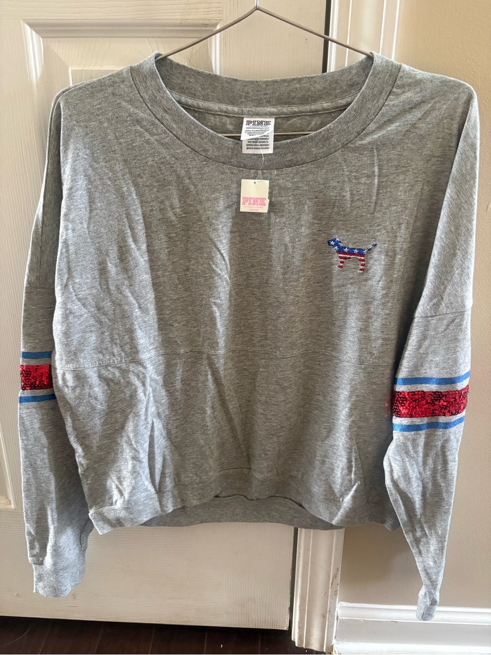 PINK Victoria's Secret Gray Long Sleeve Sweatshirt with Red & Blue Accents XS